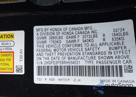 2024 Honda Civic Sport z USA, uszkodzony, nr VIN 2HGFE2F59RH554531